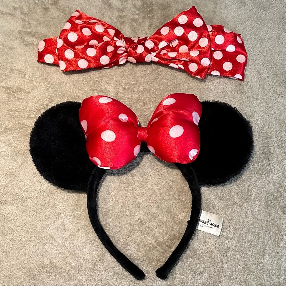 Disney Parks Minnie Mouse Polka Dot Ears & Red Bow Elastic Headband Set